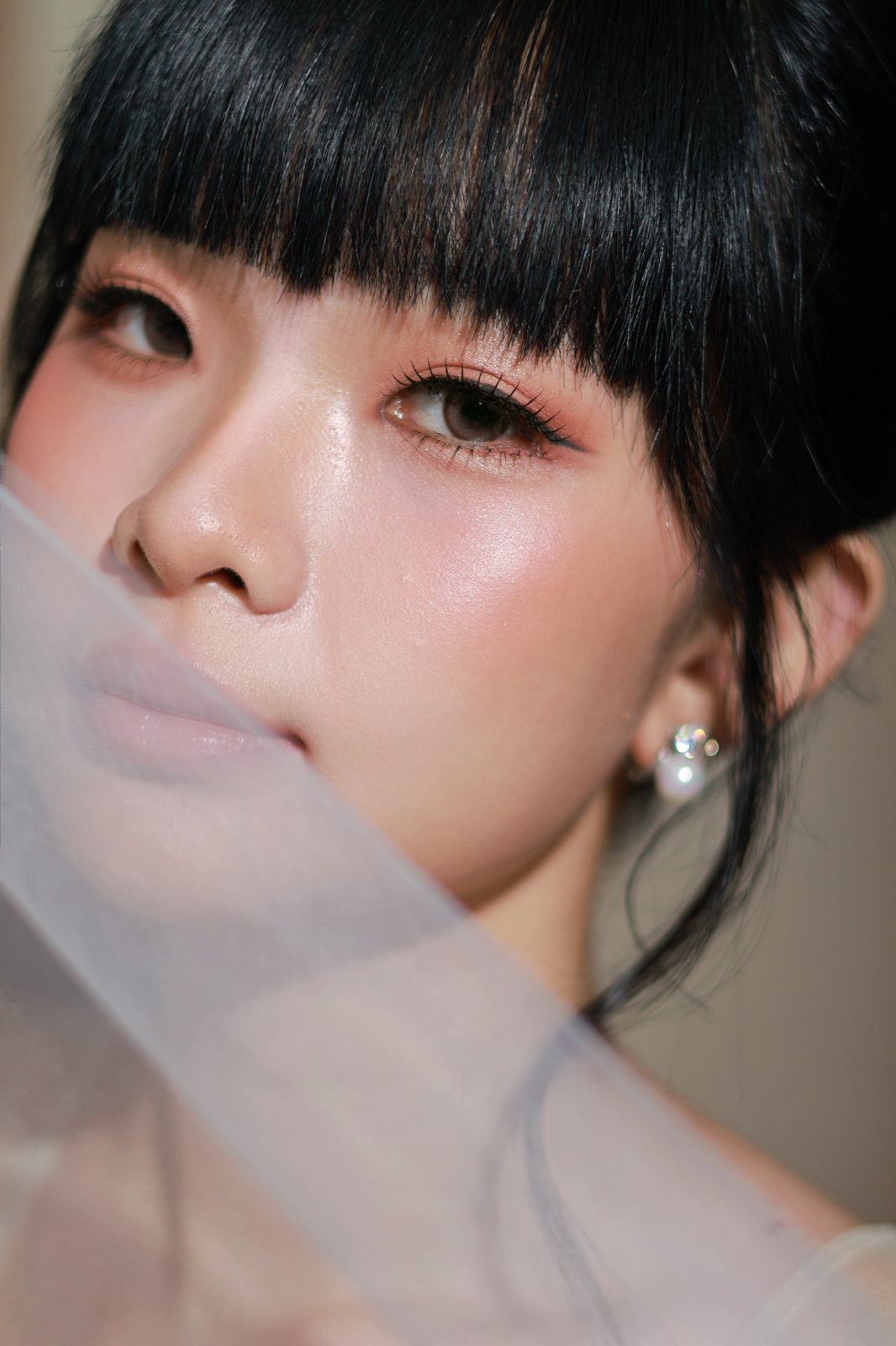 Bridal beauty close-up through tulle