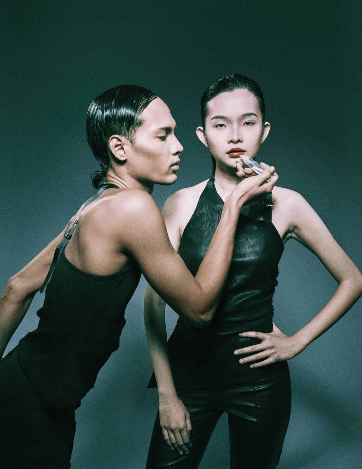 Duo portrait, lip colour being applied