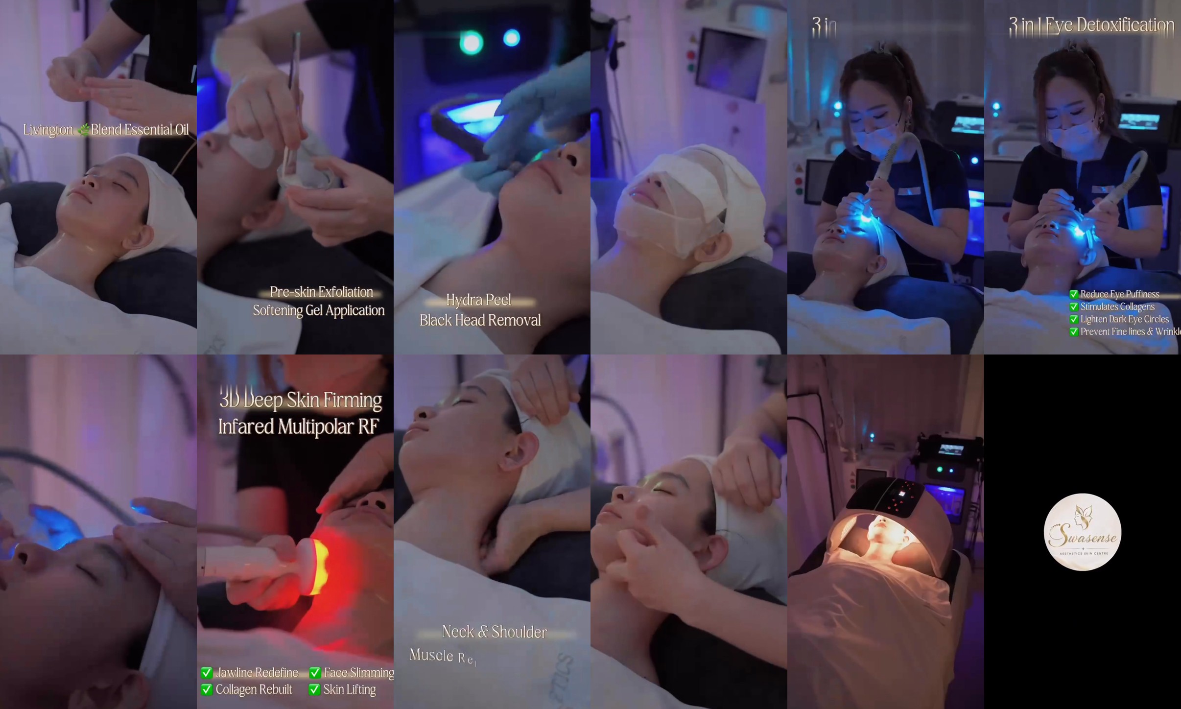 Twelve frames from the Swasense facial film, from cleansing to LED therapy