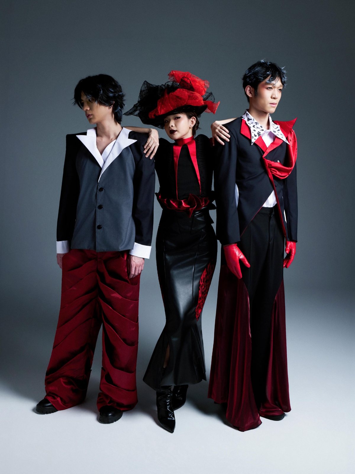 Three looks side by side, arms on shoulders